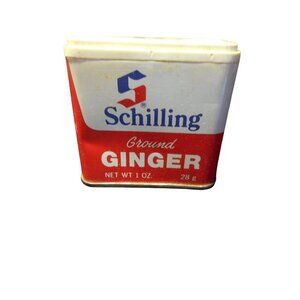 Vintage 1977 Schilling Ground Ginger White and Red Spice Tin McCormick